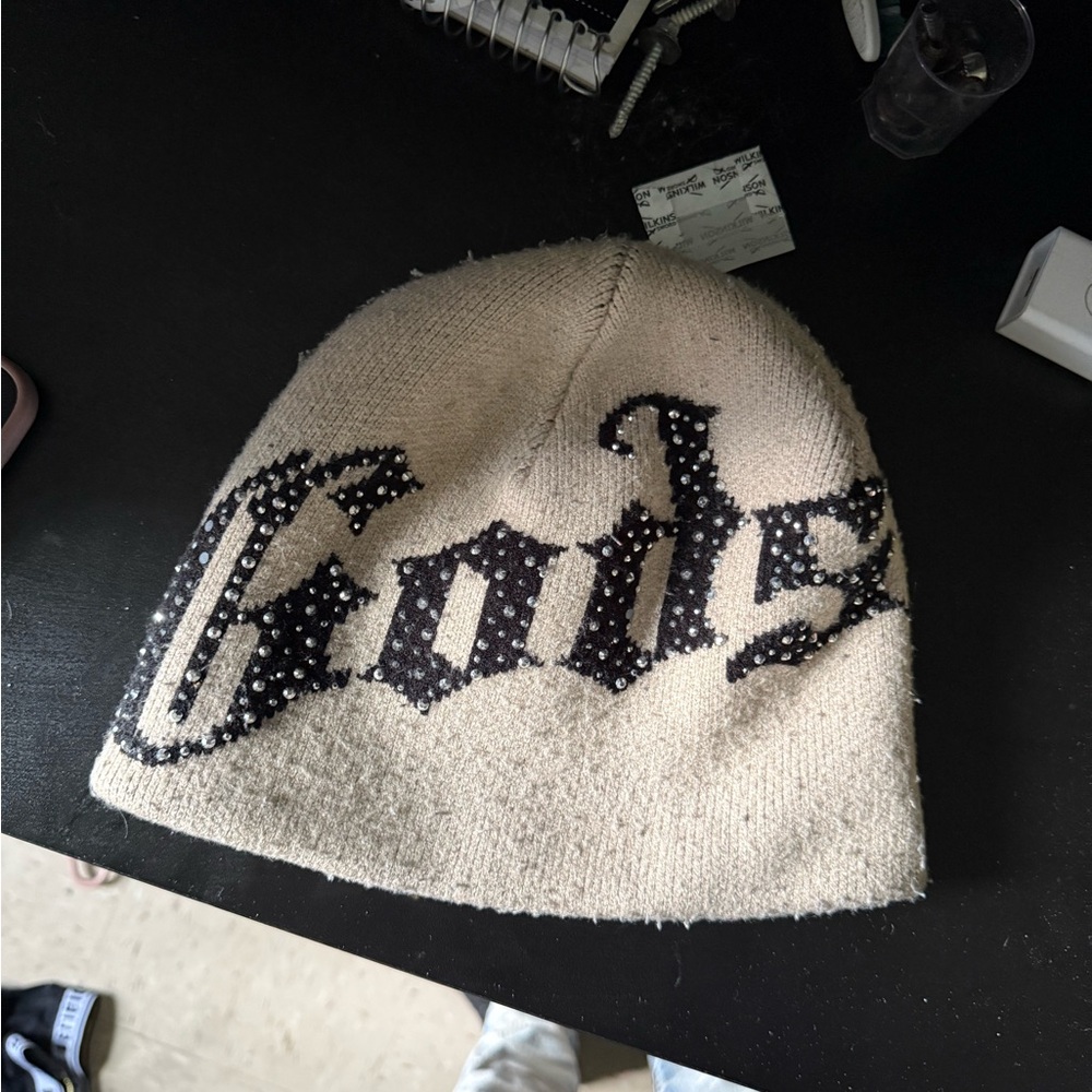 Beige and Black GODSPEED Beanie Bold Lettering